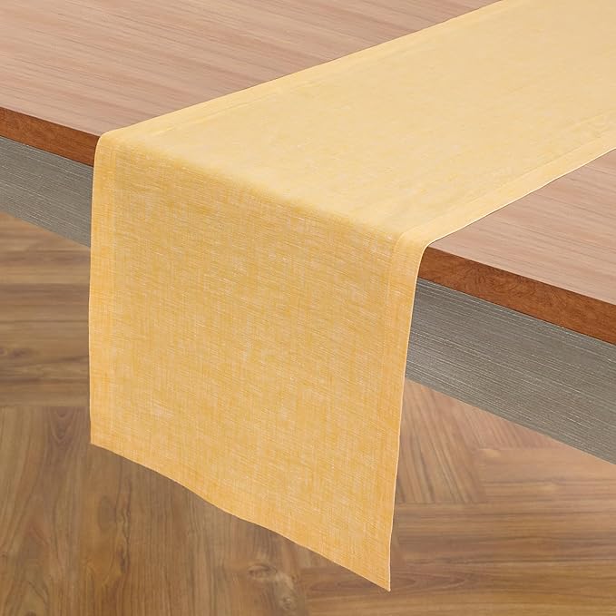 Solino Home Linen Small Table Runner 36 Inches - Athena, 100% Pure Linen Chambray Mustard Yellow Table Runner 14 x 36 Inch Ideal for Dresser and Coffee Tables, Spring, Easter