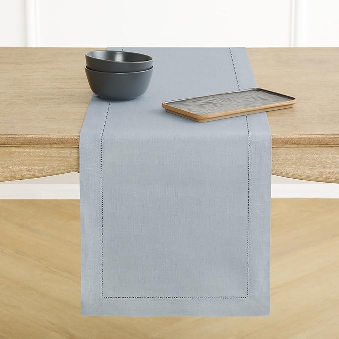 Solino Home Linen Dusty Blue Table Runner 108 Inches Long - 100% Pure Linen Hemstitch 14 x 108 Inch Table Runner for Dining, Winter, Spring, Easter - Classic Hemstitch