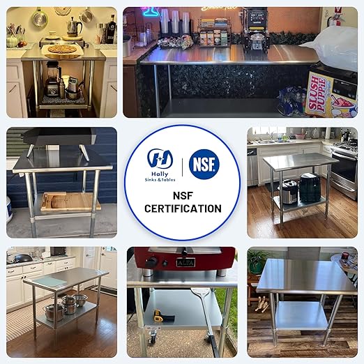 Hally Stainless Steel Table for Prep & Work 30 x 60 Inches, NSF Commercial Heavy Duty Table with Undershelf and Galvanized Legs for Restaurant, Home and Hotel