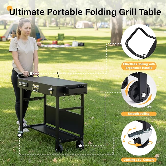 VINGLI Outdoor Grill Table Cart, Foldable Grill Cart with Wheels, Rolling Table for Ninja, Blackstone Griddle, Pizza Oven Stand, Food Prep Table w/Bottle Opener, Seasoning Tray, Rubbish Bag Holder