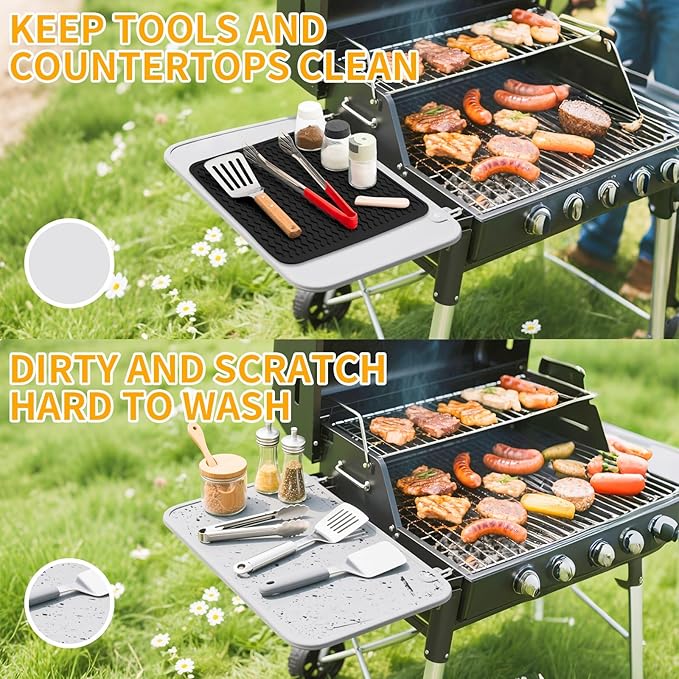 Grill Accessories, 16x12 Inch Silicone Heat Resistant Mat, BBQ Tool Rest Pad for Blackstone Griddle Side Shelf, Weber, Traeger, Outdoor Kitchen Countertop Protector (Black)
