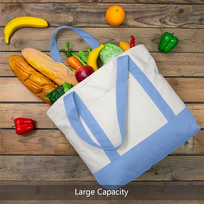 TOPDesign 3-Pack Canvas Tote Bags with an External Pocket, Reusable Grocery Shopping Bags, Top Zipper Closure, Daily Essentials (Light Blue/Natural)