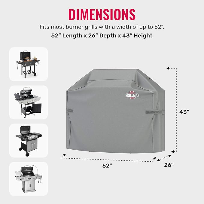 Grillman Premium Grill Cover for Outdoor Grill, BBQ Grill Cover, Rip-Proof, Waterproof, Top Heavy-Duty Large Grill Covers for Outside, Barbecue Cover & Gas Grill Covers (52" L x 26" W x 43" H, Gray)