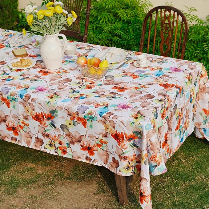 Rectangle Outdoor Tablecloth 60 x 108 Inch, Spillproof Waterproof Tablecloth, Durable Floral Print Pattern Farmhouse Table Cover for Dining, Party, Easter, Orange Flower
