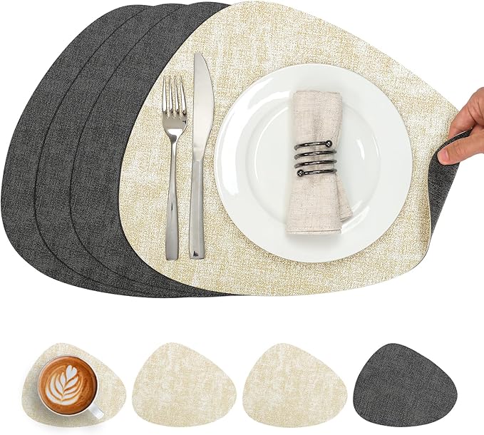 Placemats and Coasters, Washable Reversible Placemats Round Faux Leather Wipeable Place Mats Non Slip Heat Resistant Indoor Outdoor Table Mats (Set of 4, Gray Cream)