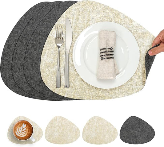 Placemats and Coasters, Washable Reversible Placemats Round Faux Leather Wipeable Place Mats Non Slip Heat Resistant Indoor Outdoor Table Mats (Set of 4, Gray Cream)