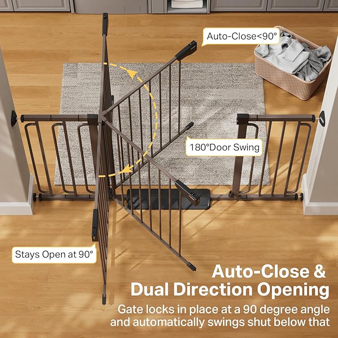 Cumbor 29.7-59" Extra Wide Baby Gate for Stairs, Pressure Mounted Dog Gate for Doorways, Auto-Close Easy Walk Through Safety Child Gate for Kids Toddler, Tall Pet Gates Indoor, Brown