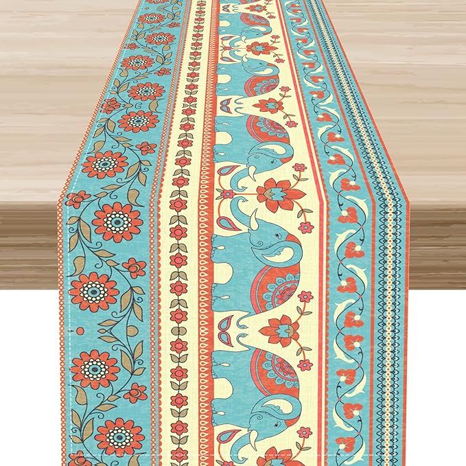Boho Table Runner, Rustic African Tribe Indian Elephant Diwali India Ethnic Rustic Blue Coffee Table Center Decor for Home Kitchen Dining Patio Holiday Party Outdoor Table Decorations, 13"x90"
