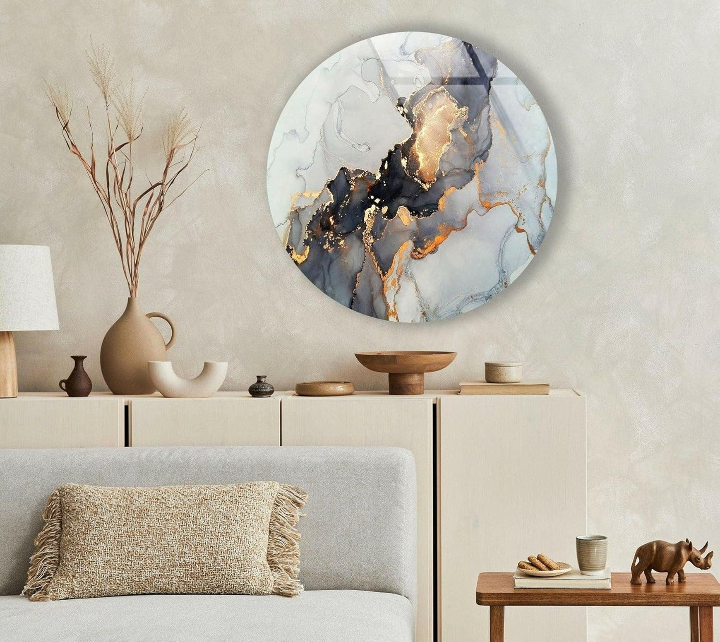My Photostation.com 39,4''(100cm) Diameter Gold Details Gray Marble Round Glass Wall Art Tempered Glass Printing Wall Decor Large Wall Art Wall Hangings