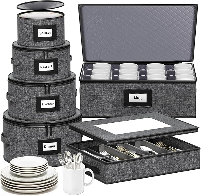 Aokeyee China Storage Containers- 6 Piece Set Hard Shell Moving Box for Dishes, Plate, Mugs, Cups, Silverware, Flatware, Saucers, Dinnerware, Sturdy Quilted Organizer with Soft Dividers, Handles, Grey