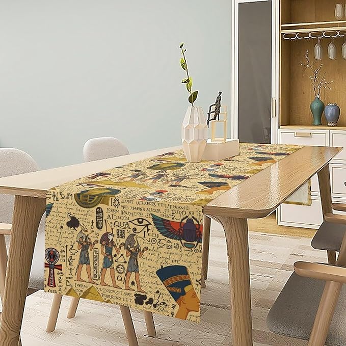 Ancient Egypt Table Runner, Egyptian Symbols Vintage Gold Pharaoh Pyramid Design Table Runner for Kitchen Family Dining Holiday Party 13x90in