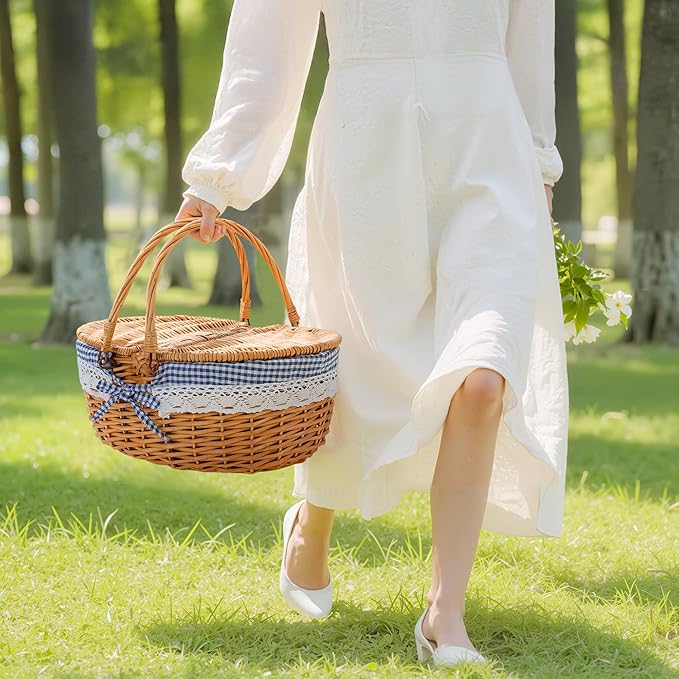 GRANNY SAYS Wicker Picnic Basket for 2 with Handles, Woven Cute Boo Basket with Washable Liner & Dual-Flip Lid, Vintage Large Picnic Baskets for Camping, Outdoor, Gift, Blue and White Checkered Liner