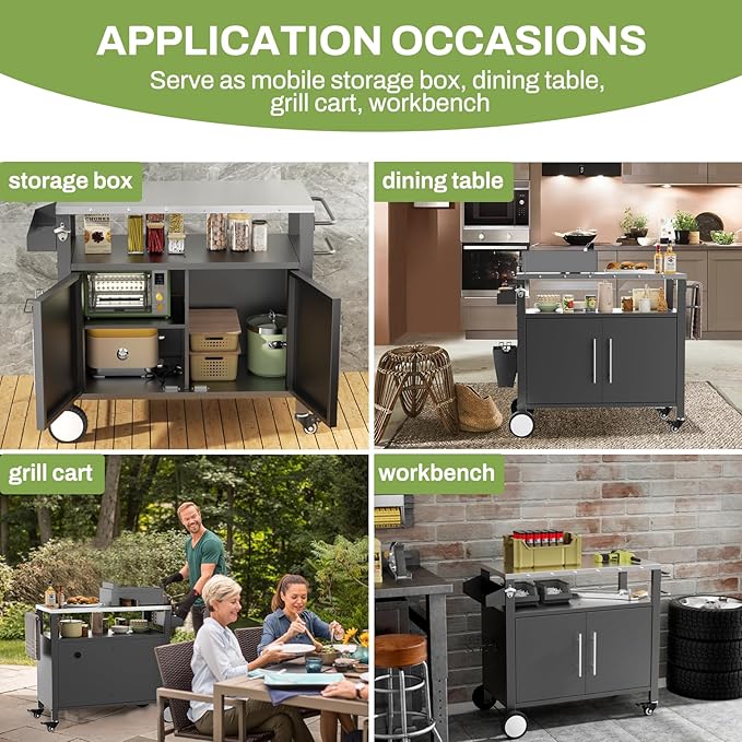 Outdoor Grill Cart with Patio Furniture, Outdoor Grill Table with Storage,Rolling Bar Cart Outdoor BBQ Cart with Hooks and Spice Rack for Grilling Accessories(Double Door, Black)