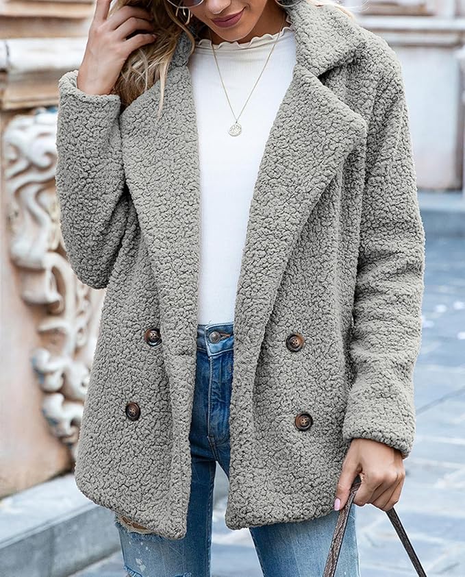 Women's Winter Warm Plush Cardigan Fuzzy Fleece Lapel Jacket with Buttons Pockets Long Sleeve Casual Outerwear