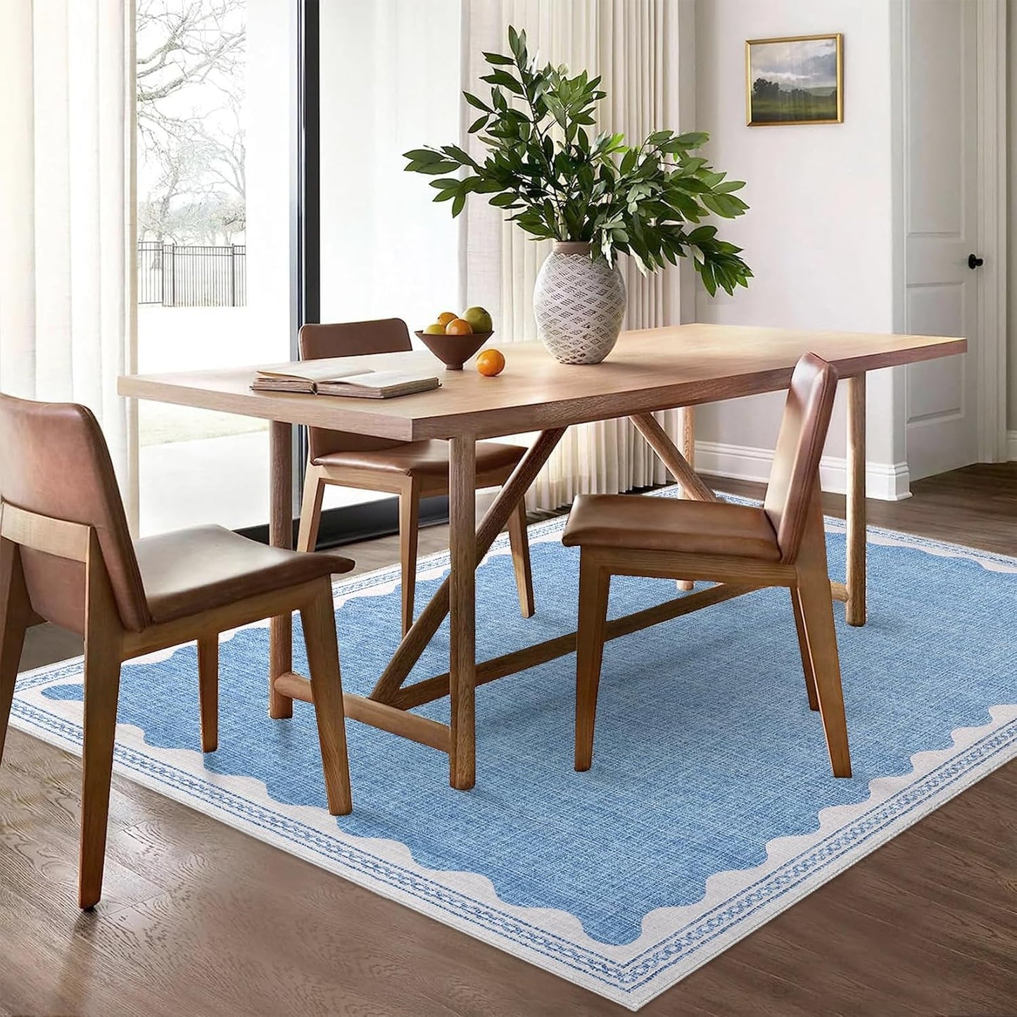 Scalloped Washable Rug 8x10 Area Rugs for Living Room, Solid Blue Rug for Bedroom Girls, Non Slip Throw Carpet with Rubber Back, Soft Dorm Nursery Scalloped 8x10 Rugs for Dining Room