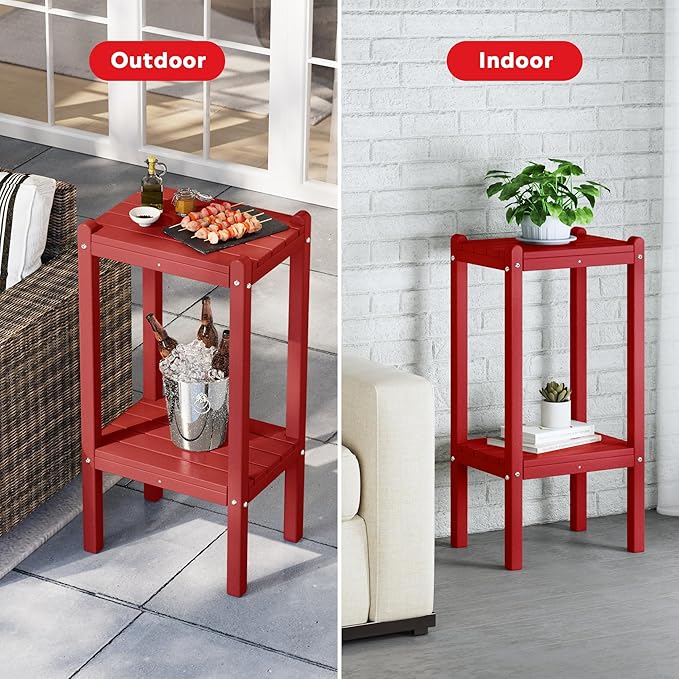 Costaelm Paradise 36"" Outdoor Adirondack HDPE 2-Tier Patio Side Table, Red, COS02990