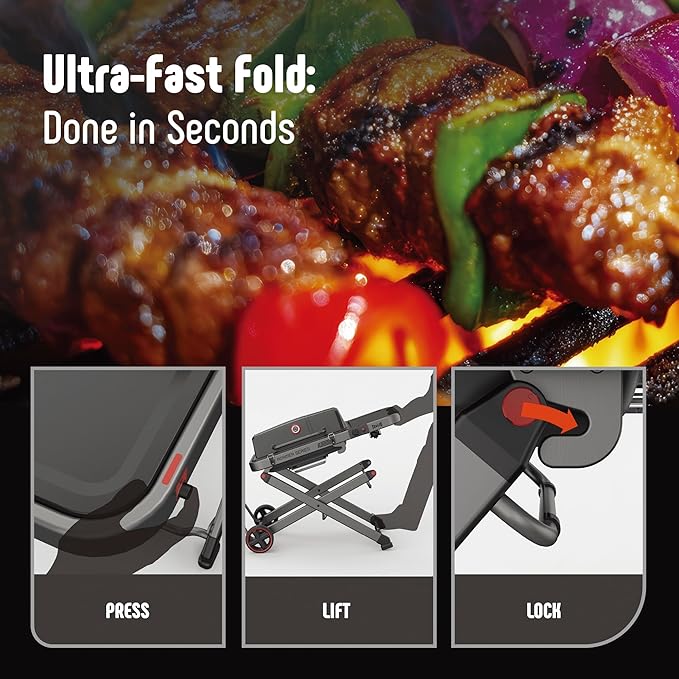Portable Propane Gas Grill with Folding Cart & 13000 BTUs Burner, 360 Sq. In. Cast Iron Cooking Grates, Side Table, 8" Wheels, Stainless Grease Tray, Grey. Includes Propane Adapter Hose