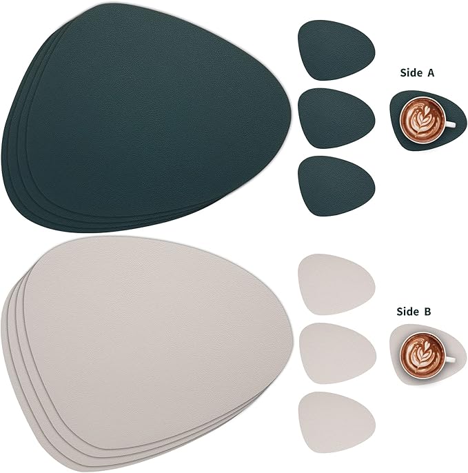 Myir JUN Placemats, Dual-Sided Placemats Waterproof Faux Leather Placemats Set of 6 Place Mats and Coasters Non-Slip Washable Table Mats for Dining Table (Beige Green, Set of 6)