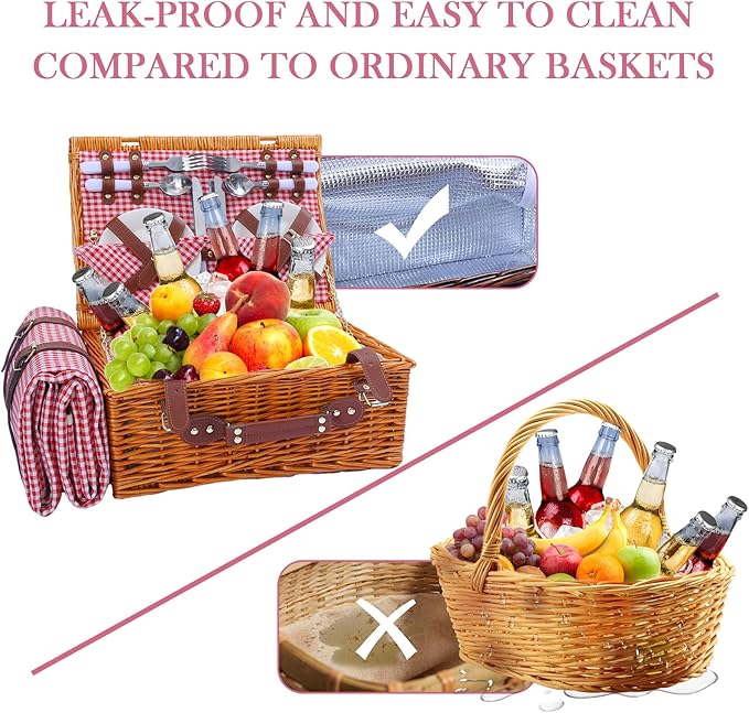 Neti Neti Wicker Picnic Basket for 4 with Insulated Cooler & Waterproof Blanket – Large Willow Picnic Hamper for Outdoor, Camping, Beach, Romantic Dates, Valentine’s Day