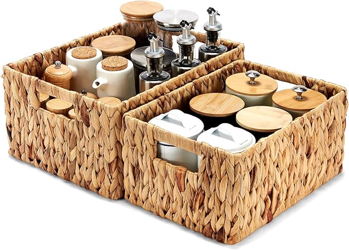 Wicker Baskets 2 Pack, Water Hyacinth Wicker Storage Basket with Handles, Large Rectangular Wickers Baskets for Organizing, Natural