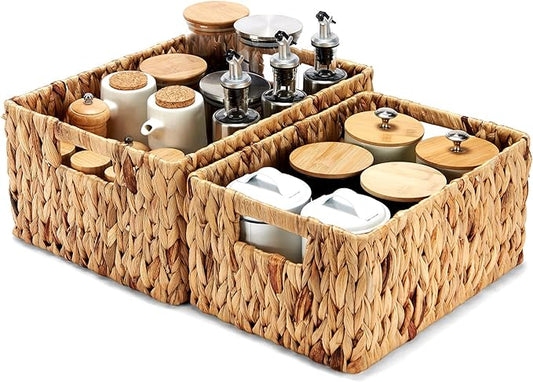 Wicker Baskets 2 Pack, Water Hyacinth Wicker Storage Basket with Handles, Large Rectangular Wickers Baskets for Organizing, Natural