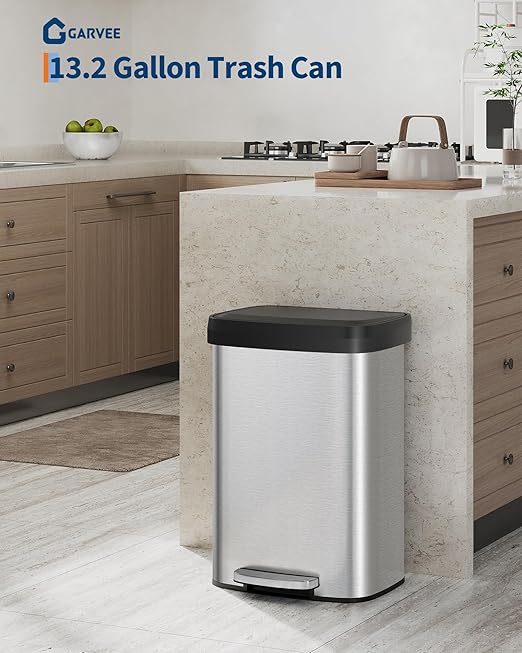 Garvee 13 gal / 50 L Stainless Steel Trash Can with Lid, Large Garbage Can for Kitchen, Rustproof Step-on Kitchen Metal Trash Bin with Liner Rim, Rear Handle, Soft Close Plastic Lid, Silver