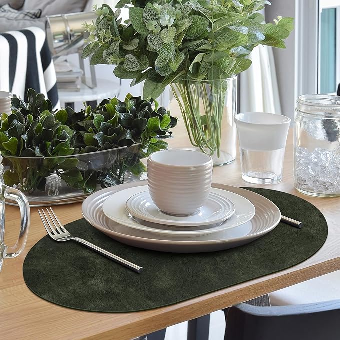 ADRIMER Placemats, Heat Resistant Oval Placemats Set of 8 Washable 12 x 17 Inch, Waterproof Table Mats, Wipeable Pu Place Mats for Kitchen, Dining Room, Olive Green