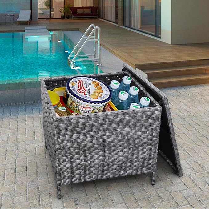 Outdoor Wicker Storage Side Table, Patio Grey PE Rattan End Table with Storage, Square Container for Furniture Covers, Toys, and Gardening Tools