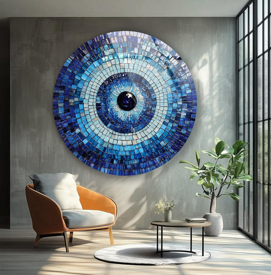 My Photostation.com 39,4''(100cm) Diameter Blue Mosaic Evil Eye Round Glass Wall Art Tempered Glass Printing Wall Decor Large Wall Art Wall Hangings