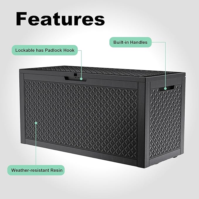 New 100 Gallon Outdoor Storage Box – Resin Deck Box with Lockable Lid, Waterproof Patio Furniture Storage for Tools, Garden & Yard Organization (Black)