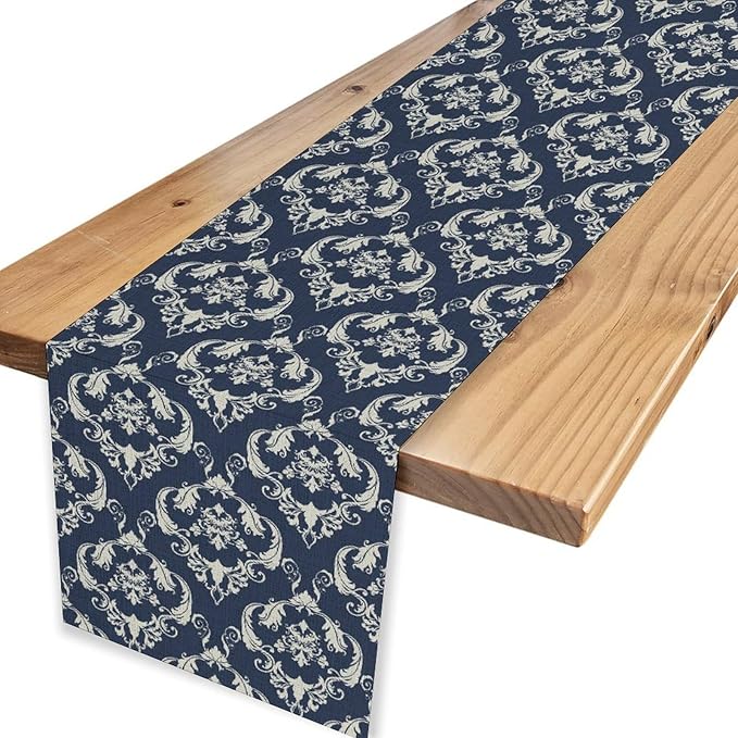 Blue Damask Table Runner, Rustic Gothic Baroque Style Floral Bohemian Boho Flower Antique Vintage Coffee Table Center Decor for Kitchen and Dining Outdoor Country Party Table Decorations, 13"x36"
