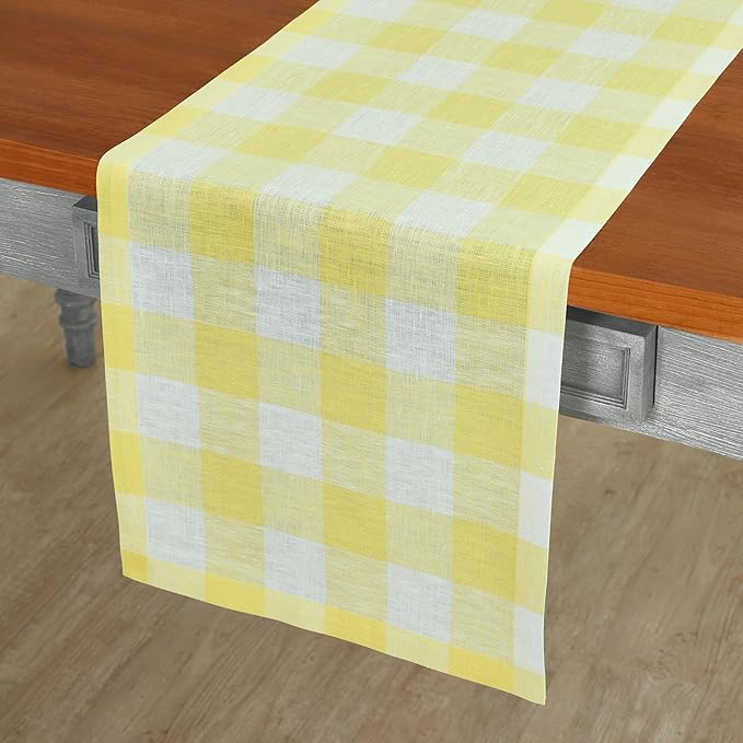 Solino Home Linen Checkered Table Runner 48 Inches - 100% Pure Linen Yellow and White Buffalo Check Short Table Runner 14 x 48 Inch Ideal for Dresser and Coffee Tables, Spring, Easter