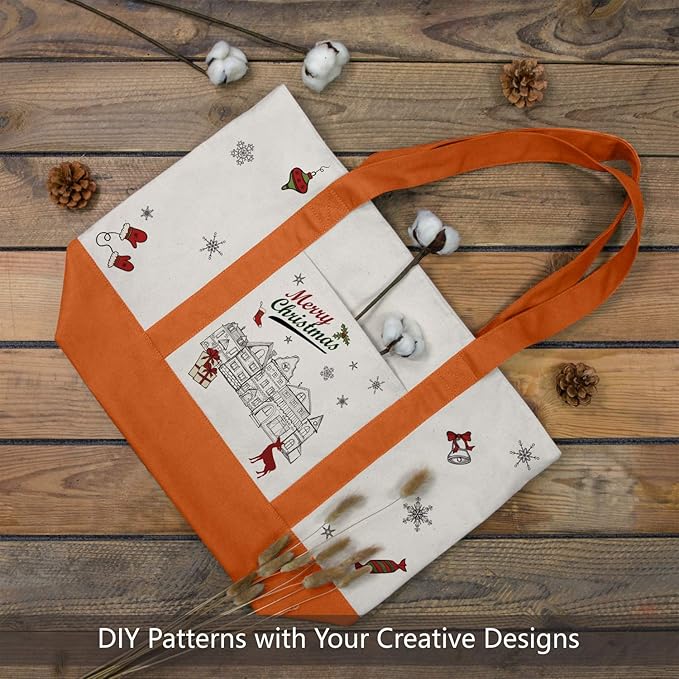 TOPDesign 6-Pack Canvas Tote Bags with an External Pocket, Reusable Grocery Shopping Bags, Top Zipper Closure, Daily Essentials (Orange/Natural)