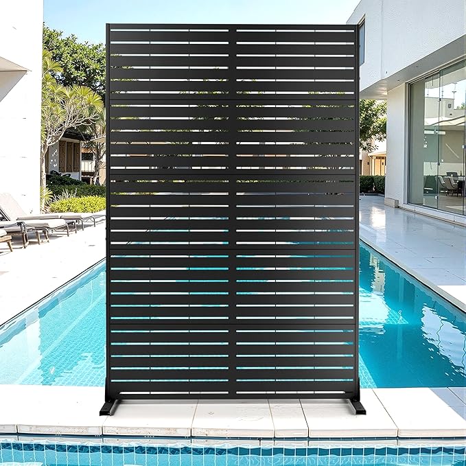 Metal Privacy Screen for Outdoor & Indoor Use, Free Standing Privacy Screen for Patio Garden Pool, 72" H x 44" W Decoative Privacy Panels, Weather Resistant, Easy Assembly (Black Louvered Floral)