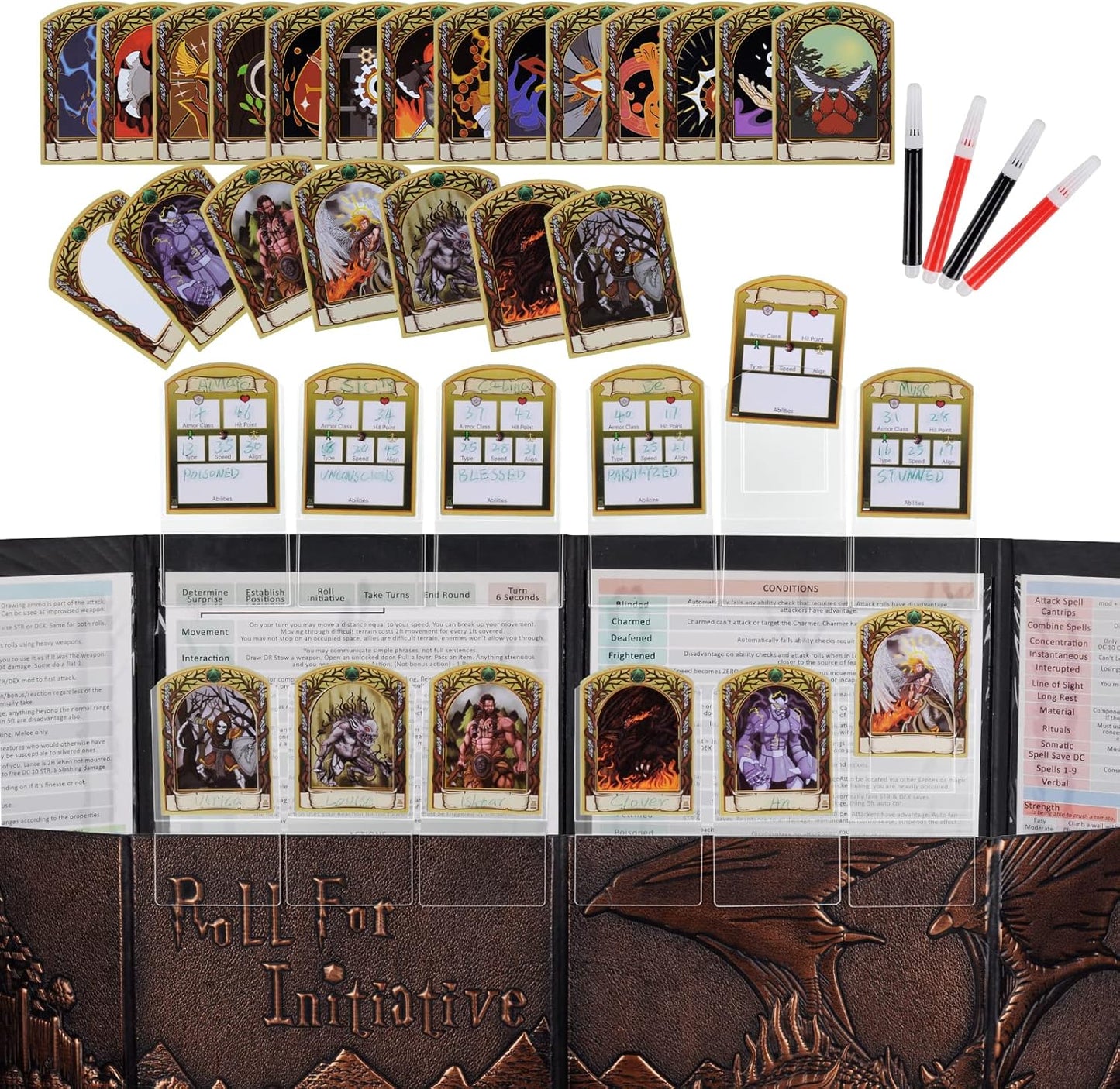 DND Initiative & Combat Tracker Set of 6PCS Erasable Acrylic Top on Screen with Character, Monster Insert Cards DM Tools, Accessories for Dungeons and Dragons, Pathfinder, TTRPGs