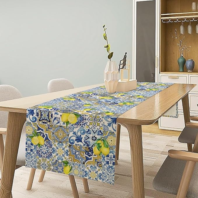 Farmhouse Rustic Lemon Table Runner,Vintage Morocco Blue Tiles Mediterranean Summer Fruit Print Table Runner for Kitchen Dining Table Home Party Decor 13x36in