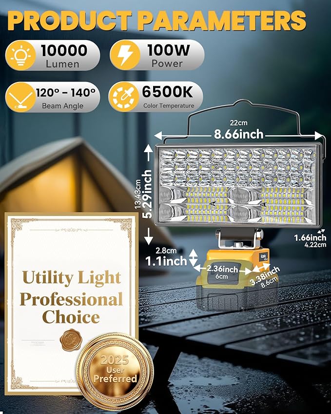 Ecarke LED Work Light Compatible with DeWALT 20V, 100W 10000LM Cordless Flashlight, 7" Battery Flood Light with Low Voltage Protect for Emergency, Job Site & Security Lighting, Battery Not Included