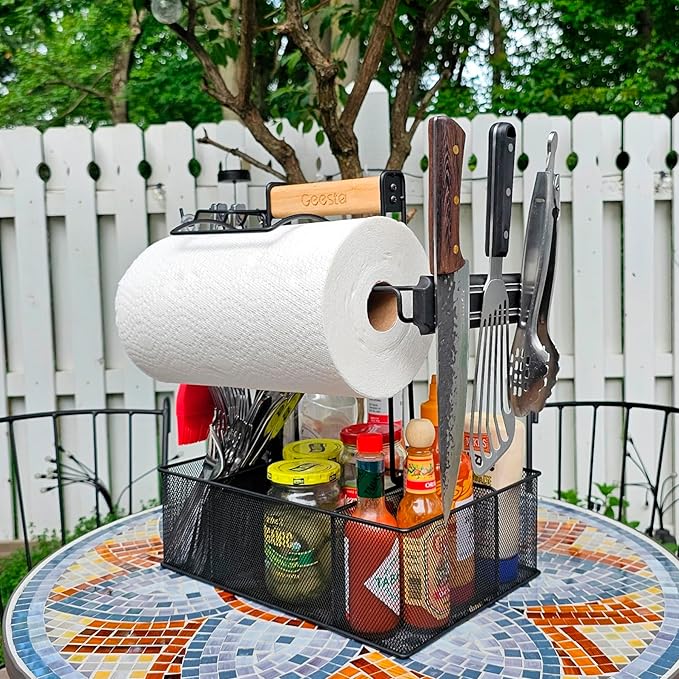 Geesta Grill Caddy for Outdoor Grill, BBQ Picnic Camping Caddy with Paper Towel Holder & Magnetic Tool Holder, Condiment Storage Utensil Kitchen Organizer for RV Camper, Tailgate Accessories