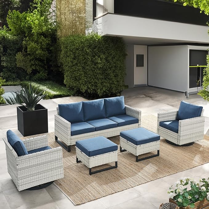 HUMMUH Outdoor Ottomans for Patio Set of 2 PE Wicker Outdoor Footstool with Removable Weather-Resistant Cushions for Patio, Backyard Light Grey Blue