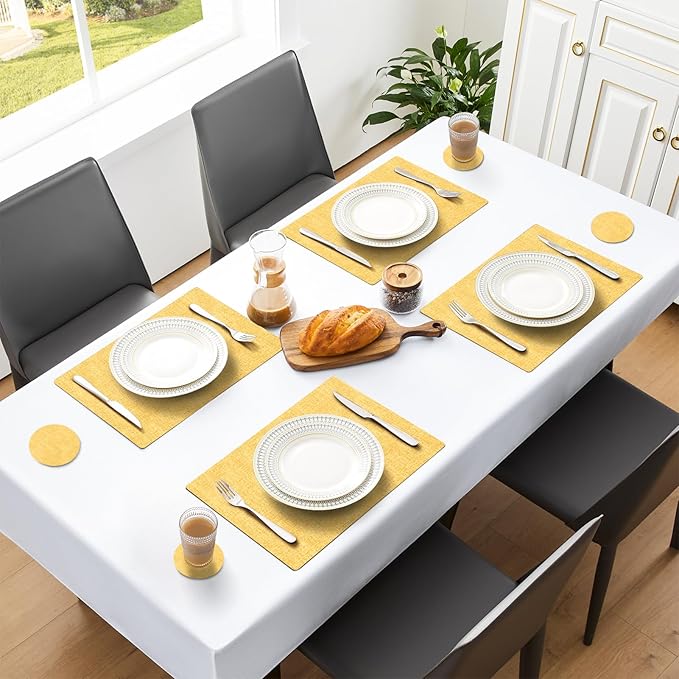 MOSAYT Faux Leather Placemats Set of 6, Heat Resistant Wipeable Washable Vinyl Place Mats with Coasters, Waterproof Oil Proof Table Mats for Kitchen Dining Party Indoor Outdoor, 12" x 17", Yellow
