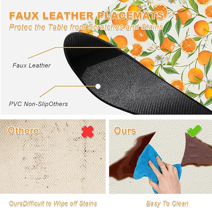 Placemats Set of 4 - Faux Leather Heat Resistant Placemats for Dinner Table, Non-Slip Waterproof Oil-Proof Washable Reusable Placemat for Indoor Outdoor Kitchen Decor, 15.75In*11.81In