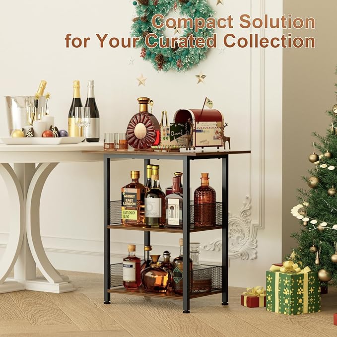 Bar Cart, 3-Tier Bar Cabinets Mini Bar Serving Cart Drink Cart Wine Table Whiskey Liquor Bottle Display Stand, Corner Cabinet for Kitchen, Dining Room, Living Room, Black