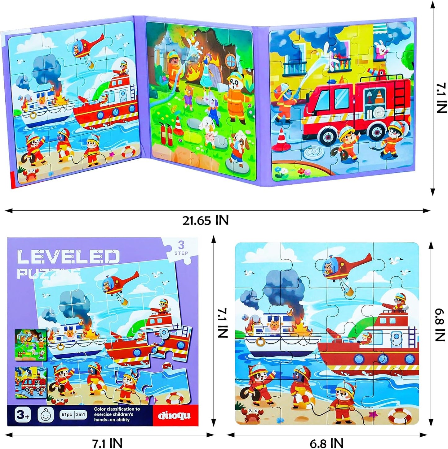 Fire Brigade Magnetic Puzzles for Toddlers, 3 in 1 Jigsaw Puzzle Book, Travel Puzzles for Preschool Learning Ages 3-8