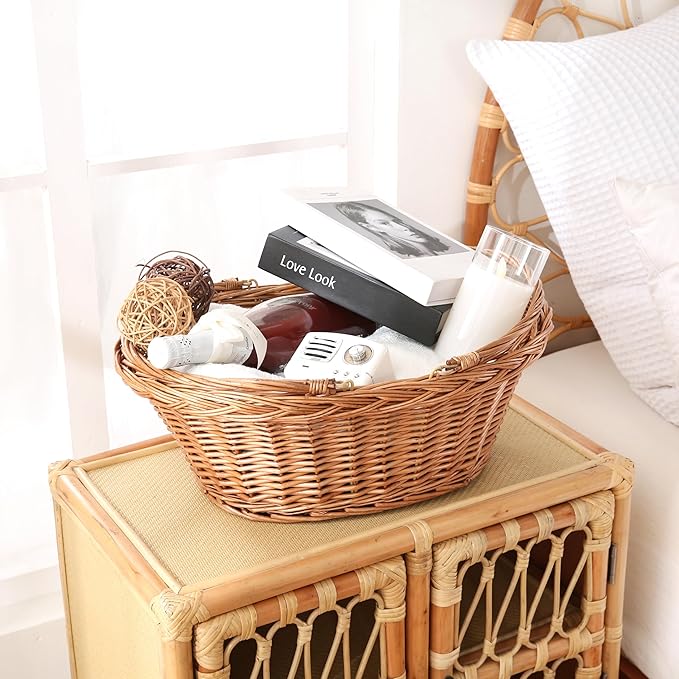Handwoven Wicker Picnic Basket with Handles, Natural Brown, Shopping Basket - Large
