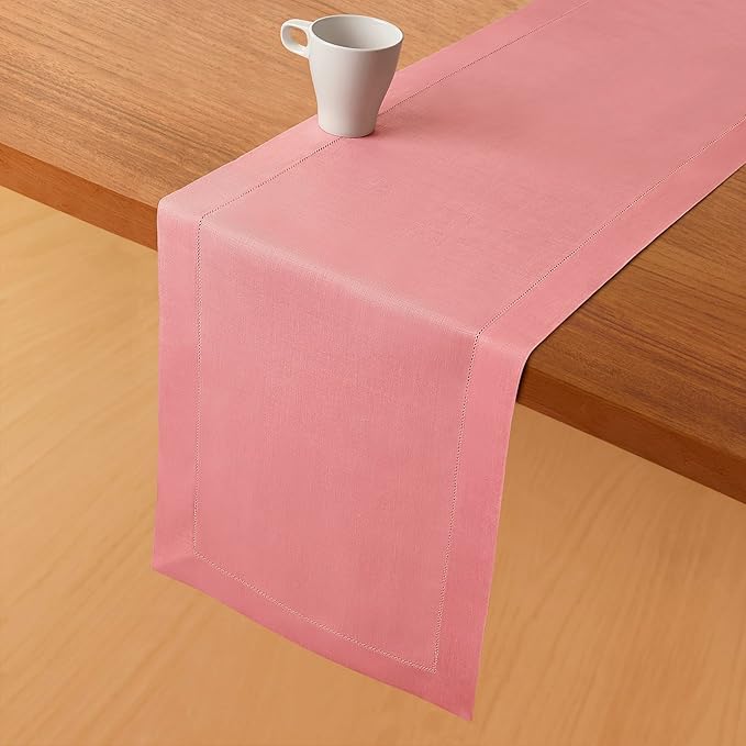 D'Moksha Homes Linen Dusty Pink Table Runner 60 Inches - Classic Hemstitch, 100% Pure Linen Coffee Table Runner 14 x 60 Inch Ideal for Dresser Tables, Valentines, Spring, Easter