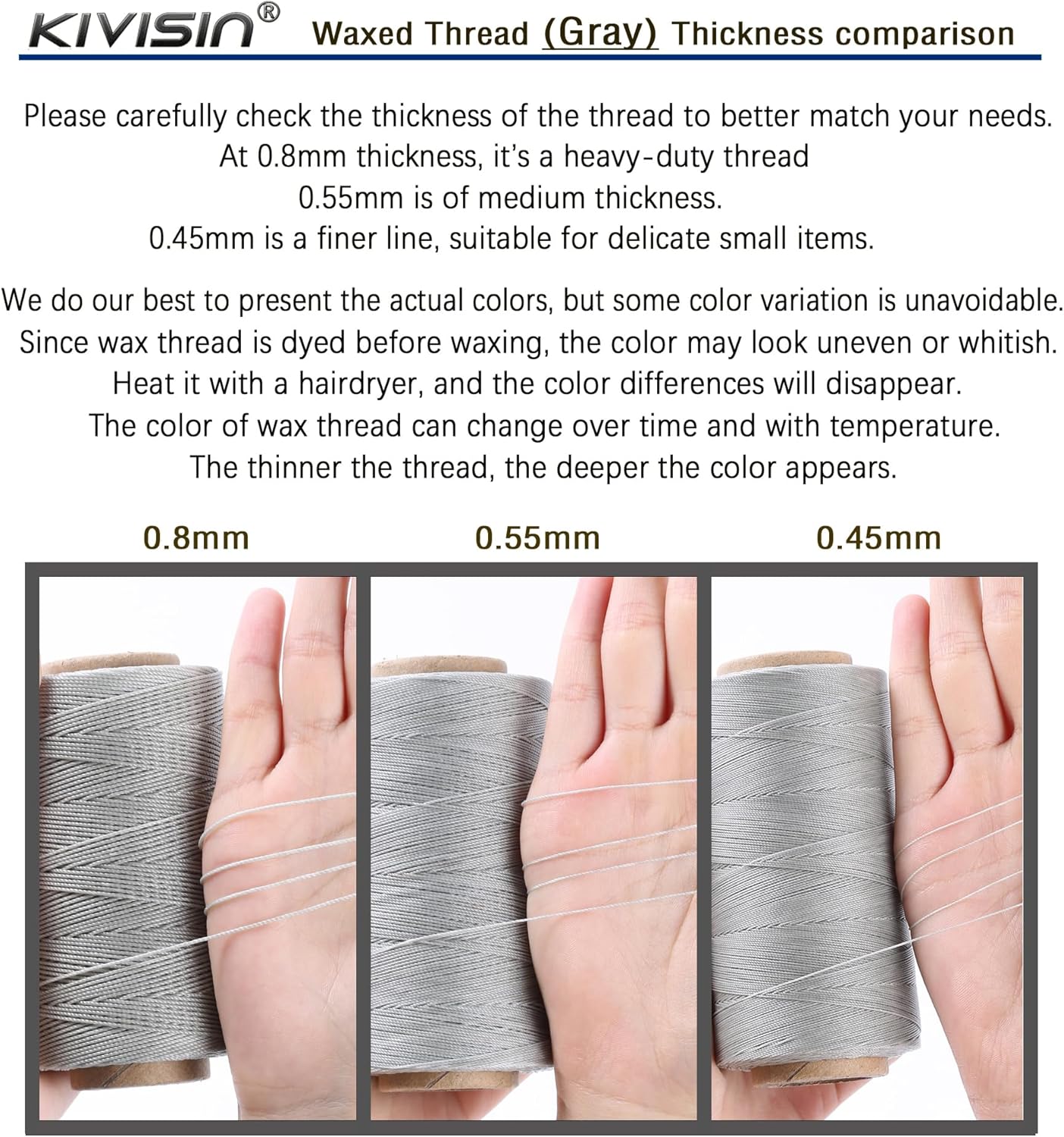 Bonded 0.8mm Round Waxed Polyester Cord, 3-ply Wax Coated Thread, 197 Yards Stiff String for Heavy Duty Fabric, Leather Sewing, Book Binding, Upholstery Repair, and Macrame Jewelry - Gray