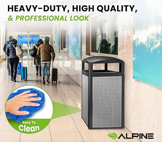 Alpine Industries 40 Gallon Commercial Outdoor Trash Can, Metal with Removable Bin & Locking Lid (Black & Grey)