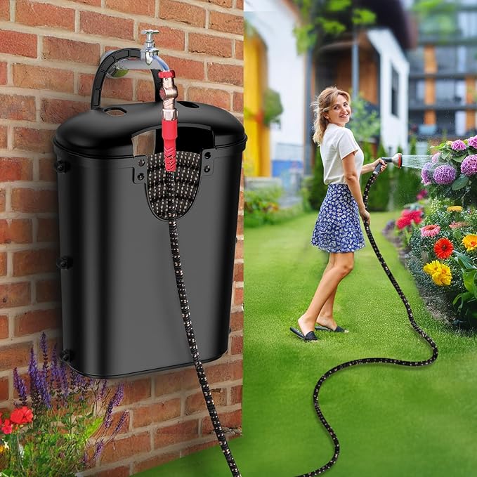 Riokko Garden Hose Holder Bucket, Hose Storage, Water Hose Storage for Outside, Hose Box Fits 25FT Heavy Duty/100FT Expandable/50FT Flat/50FT Stainless Steel Hoses, Hanging Handle & Drain Hole Design