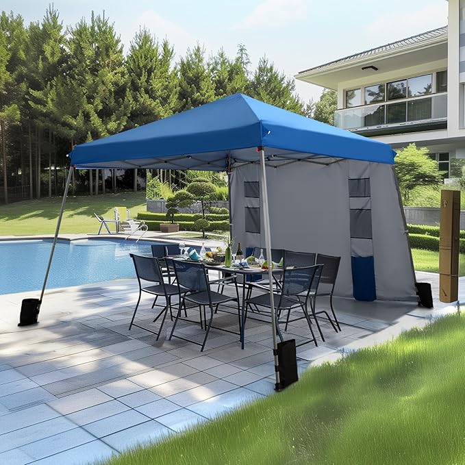 PHI VILLA Canopy with One Sidewalls,Angled Leg 12 x 12 UV Block Sun Shade Canopy Tent Gazebo for Patio Outdoor, Lightweight, Blue
