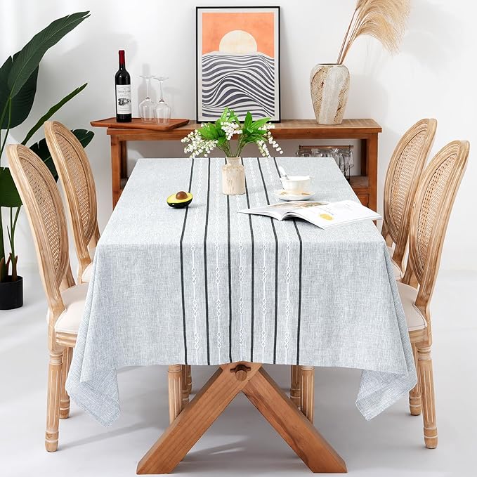 Chassic 60 x 104 inches Farmhouse Style Linen Tablecloths, Boho 6 Foot Wrinkle Resistant Washable Rectangle Table Cloth for Dining Room, Kitchen, Wedding and Holiday Decorative - Striped Grey